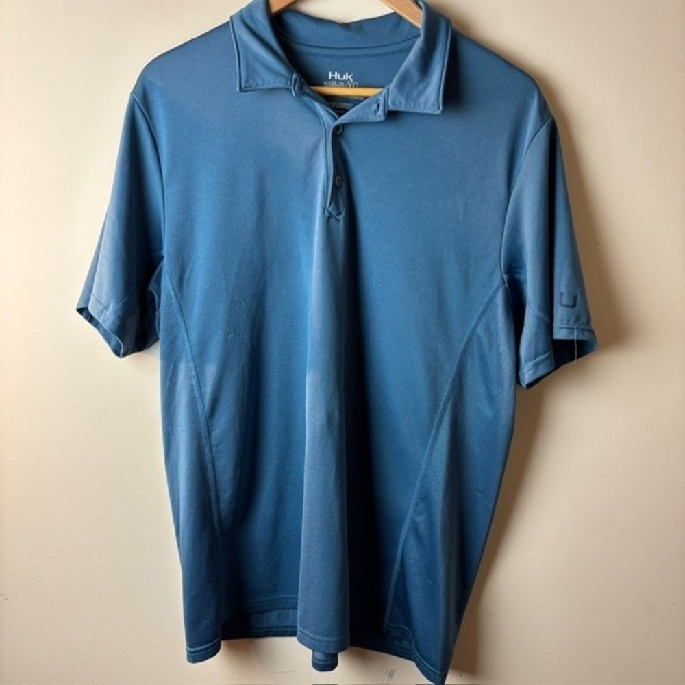 Mens XL HUK Pursuit Polo Shirt Azure Blue Tour Performance Camping Short Sleeve